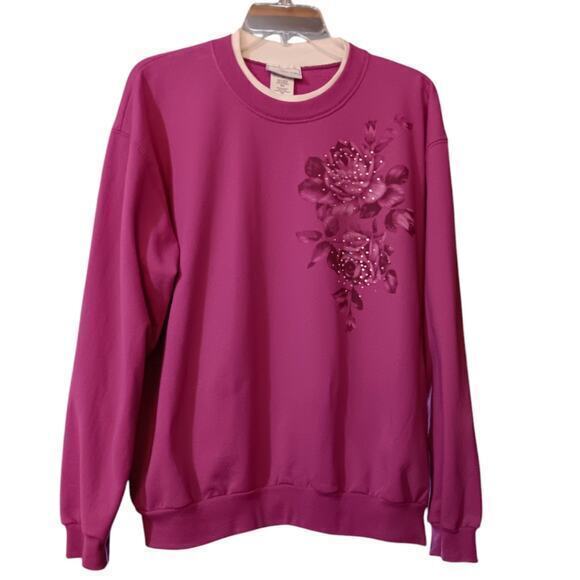VINTAGE Sweatshirt Pink Size XL Flowers‎ Roses Sparkle Beading Long Sleeves - Picture 1 of 10